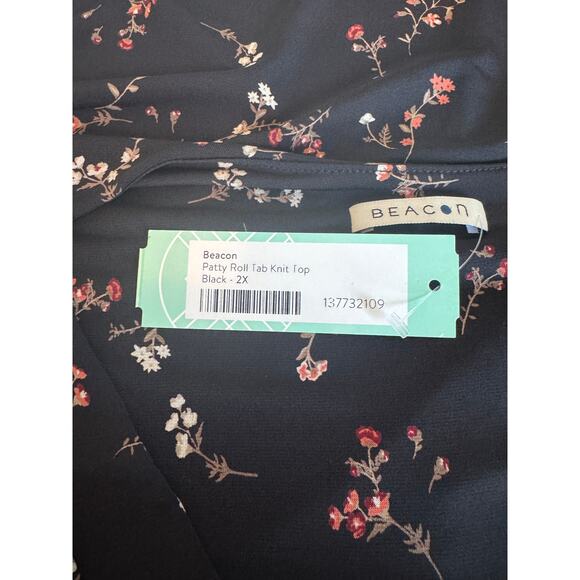 NWT Beacon Black Floral Top Blouse Sz 2X Roll Tab Sleeve Boho Casual Career - Picture 9 of 11